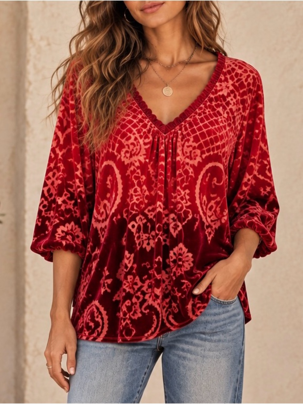 SUNDANCE Burnout Velvet Silk Boho Paisley Tunic Top